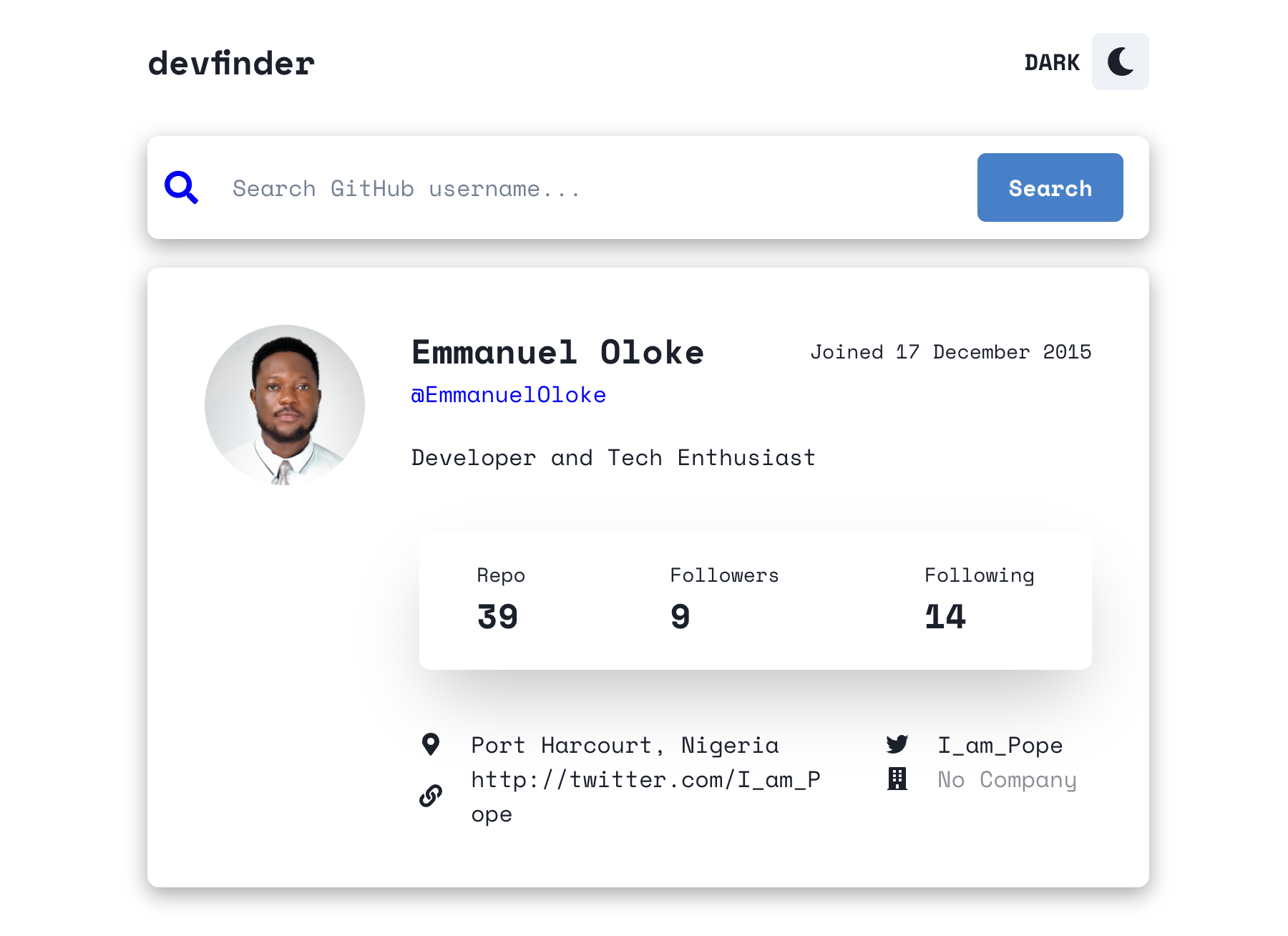 DevFinder Project Preview